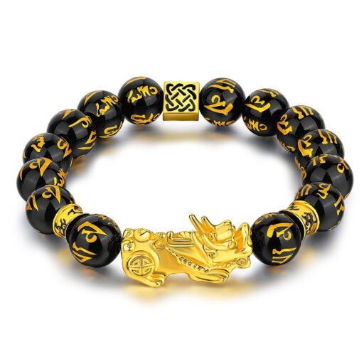 Colorfast Vietnam Sand Gold Pixiu Bracelet – Black Obsidian Six-Word Mantra Beads