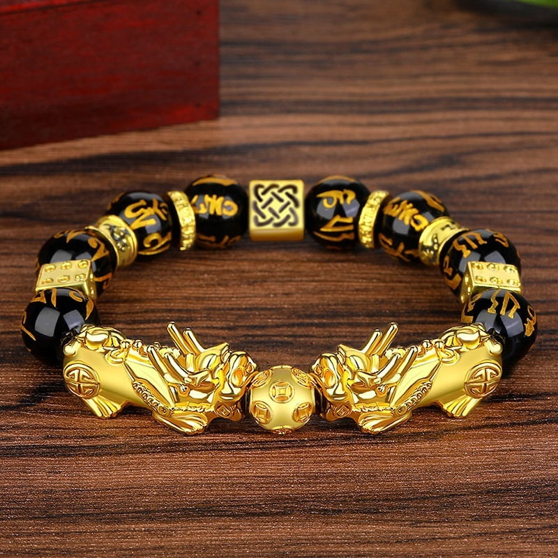 Colorfast Vietnam Sand Gold Pixiu Bracelet – Black Obsidian Six-Word Mantra Beads