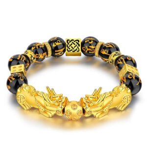 Colorfast Vietnam Sand Gold Pixiu Bracelet – Black Obsidian Six-Word Mantra Beads