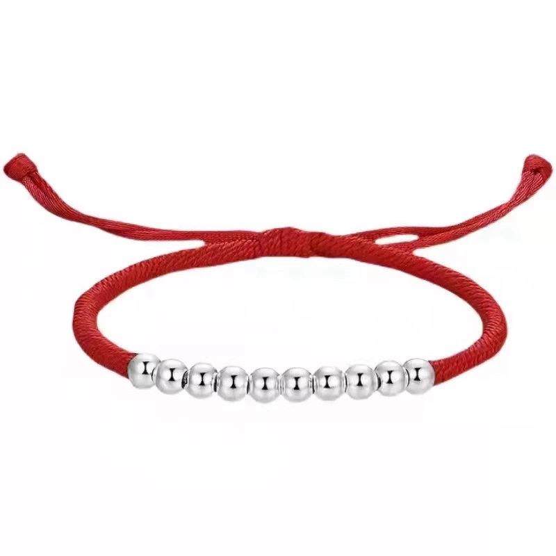 Sterling Silver Fortune Beads "Ten Perfect Blessings" Handmade Red String Bracelet