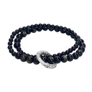 Like a fish in water - natural obsidian double layer beaded 999 silver bracelet